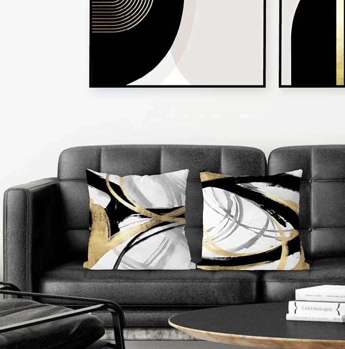 Black White and Gold Pillow Covers, Abstract Black and Gold Pillow Covers 24x24 Set of 2, Modern Boho Home Decor, Black and Gold Decorative Throw Pillows Cover for Couch Living Room Bedroom