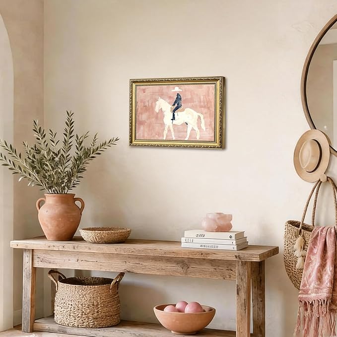 Gold Framed Western Cowboy Wall Art, Modern Abstract Cowboy on Horse Wall Decor Painting Vintage Southwestern Ranch Canvas Prints Picture for Farmhouse Living Room Bedroom 12x16 inch