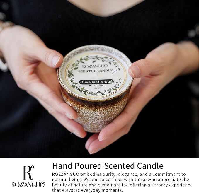Luxury Textured Ceramic Jar Scented Candle | Non Toxic 100% Natural Coconut & Soy Wax Blend Cotton Wick | 5.2oz | Hand Poured Highly Scented Long - Lasting | Women & Men | (Olive Leaf & Oud)