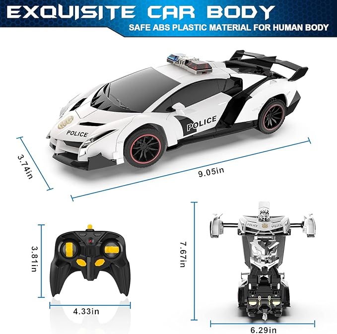 Remote Control Car - Transforming Toy Car Robot, One-Button Deformation with Flashing Lights 2.4GHz 1:18 Scale Transforming Police Car with 360-Degree Rotation Toys for Boys and Girls