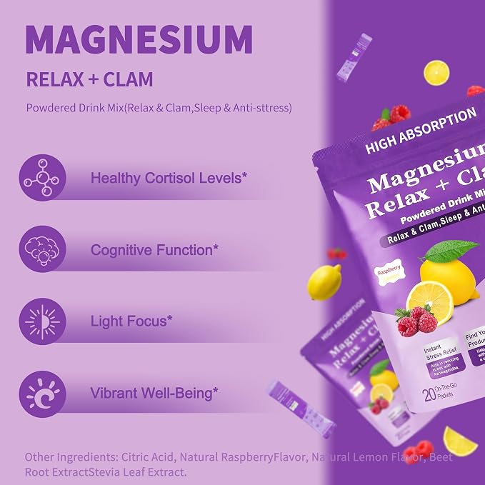 Calm Magnesium Powder,Natural Calm Powdered Drink,Cortisol Drink Mix for L-Theanine,Ashwagandha,Magnesium Glycinate,Anti-Stress Drink Mix Powder,Ashwagandha Supplements for Relaxation Sleep-20 Packet