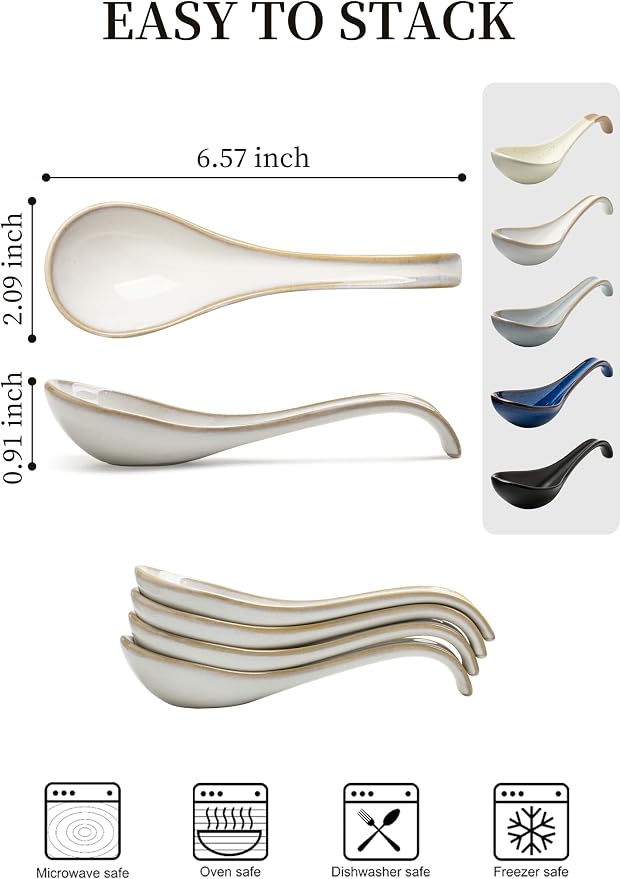 LYEOBOH Asian Soup Spoons, 6.5 inch Ceramic Soup Spoon Set of 6, Dinner Spoons with Deep Hook for Home, Kitchen, Dishwasher & Microwave Safe, Farmhouse Style, Beige