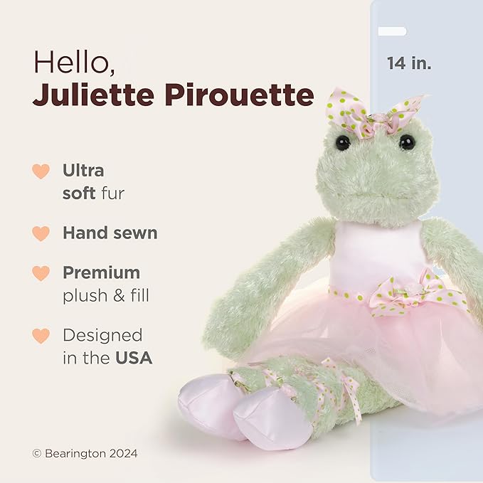 Bearington Collection Ballerina Themed Stuffed Animal - Ballet Doll - Dance Recital Gifts for Girls - Frog Pirouette - 14"