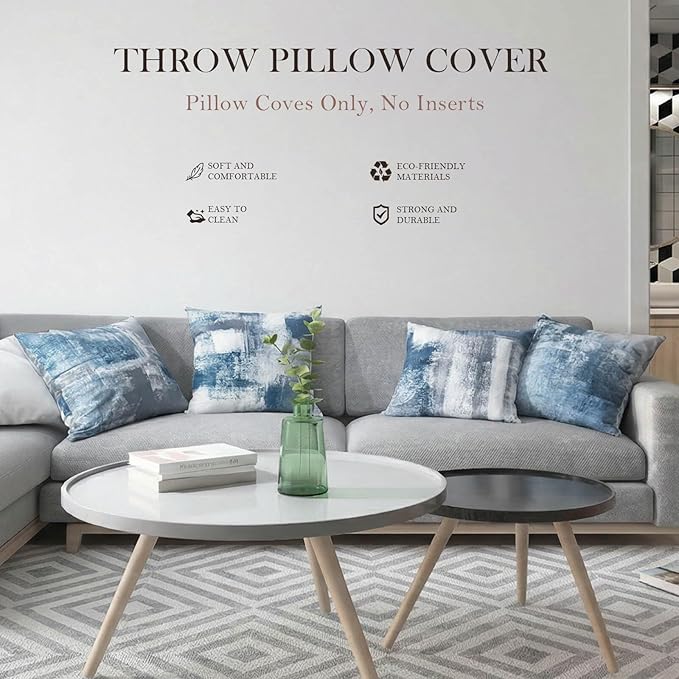 Set of 4 Blue and Grey Abstract Art Artwork Pillow Cover 16 x 16 Inch, Gallery Modern Decorative Throw Pillows Cushion Cover for Bedroom Sofa Living Room | Double-sided vibrant artwork accent cushion covers. Perfect decorative pillows for couch, sofa, ...
