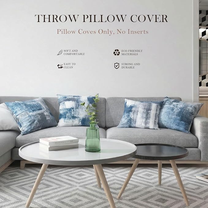 Set of 4 Blue and Grey Abstract Art Artwork Pillow Cover 20 x 20 Inch, Gallery Modern Decorative Throw Pillows Cushion Cover for Bedroom Sofa Living Room | Double-sided vibrant artwork accent cushion covers. Perfect decorative pillows for couch, sofa, ...
