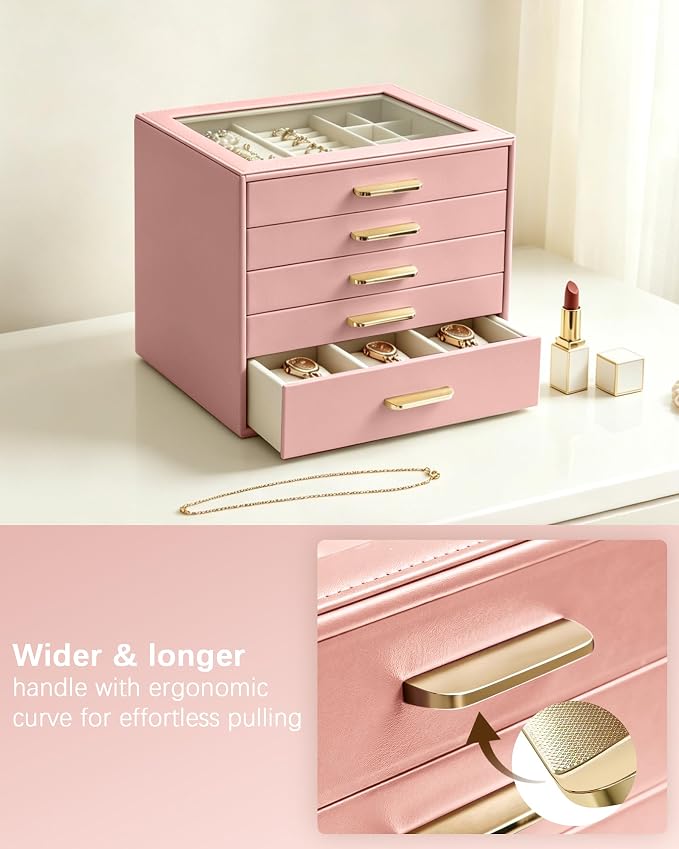 Homeanda Jewelry Boxes Organizer with Glass Lid, 5-Layer PU Leather, Pink | Modern style display case with 5 drawers for daily jewelry, women, mom or girl gift