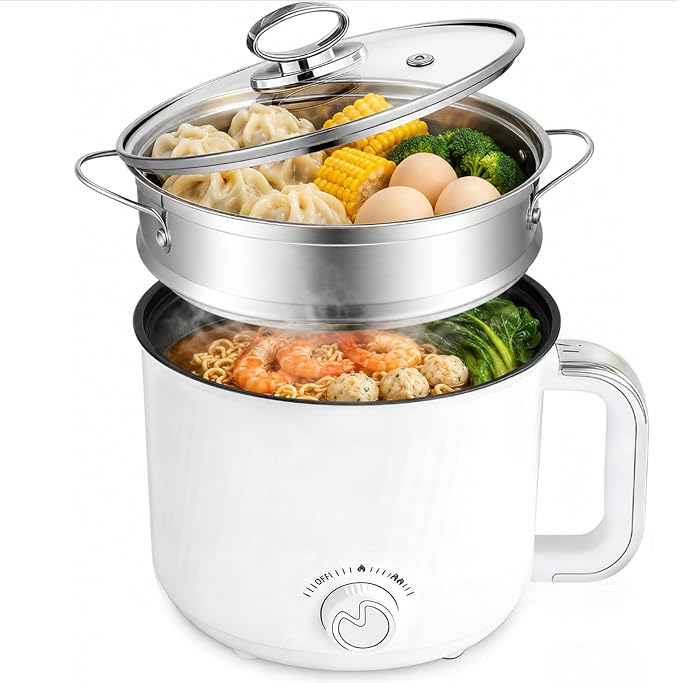 1.6L Nonstick Personal Electric Hot Pot with Steamer Basket & Clear Glass Lid, 300W/600W Electric Ramen Cooker for Dorms, Apartments & Offices, Noodles, Soup, Oatmeal, Pasta, Shabu-Shabu & Boiled Eggs