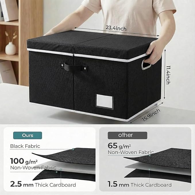 Storage Boxes with Lids [3-Pack] Fabric Collapsible Storage Bins Organizer Containers Baskets Cube with Cover for Home Bedroom Closet Office Nursery Black（23.4X15.9X11.5