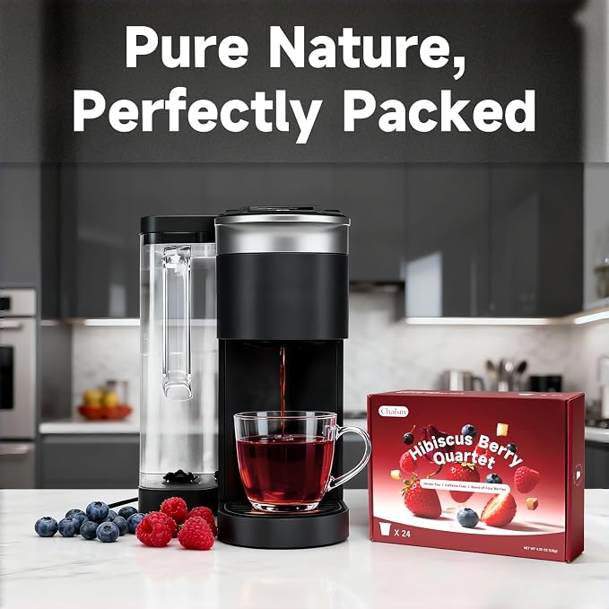 Chaism Hibiscus Berry Quartet - Herbal Tea Pods 4 Berries Blend, Caffeine Free, 24 K Cups