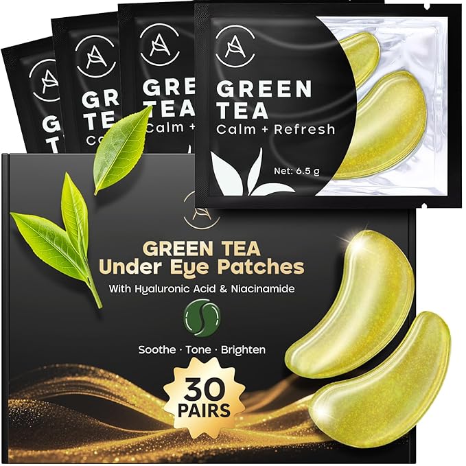 AURAE Green Tea Under Eye Patches (30 Pairs) - For Dark Circles & Puffiness - Hydrating Green Tea Eye Mask
