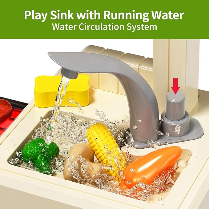 Kids Kitchen Playset, Play Kitchen with Electric Stove, Grill, Sink, Play Food, ToyKitchen Accessories, Kitchen Interactive Play with Lights Sound Steam, Cooking Toys for Toddler Kid Gifts