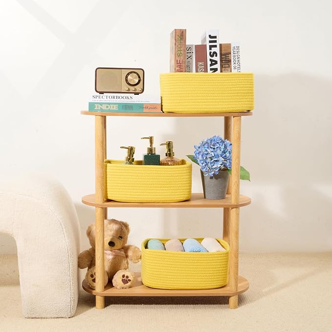 MiniArk Small Storage Baskets for Organizing | Closet Organizer Bins | Shelf Toy Basket | Woven Rope Baskets | Cube Decorative Box | Shallow Basket | 13x8.5x5.1” | 3 Packs Yellow
