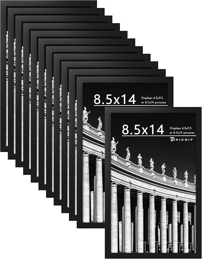 Picrit 8.5x14 Picture Frame Set of 12, Display 7x10 with Mat or 8.5x14 without Mat, Photo Frames for Wall Mounting or Table Top Display, Black