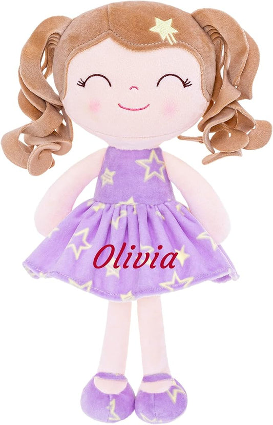 Gloveleya Personalized Baby Doll – Custom Name Rag Doll Gift for Girls | Soft Plush Keepsake Toy | Birthday, Baby Shower & Holiday Present – Purple Stars 12’’