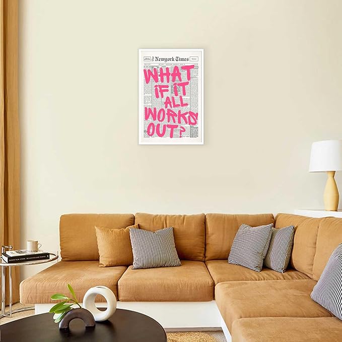 Drimiler Retro Newspaper Pink Font Poster What If It All Works Out Canvas Wall Art Positive Affirming Quote Minimalist Prints Painting For Home Bedroom Dorm Wall Decor 24x36in Unframed