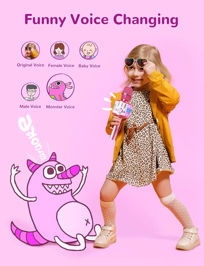 Amazmic Toys for Girls, Kids Karaoke Microphone Toddler Microphone for Kids with Lights, for Girls, Birthday Party Boys Toy Age 3 4 5 6 7 8+(Light Pink)