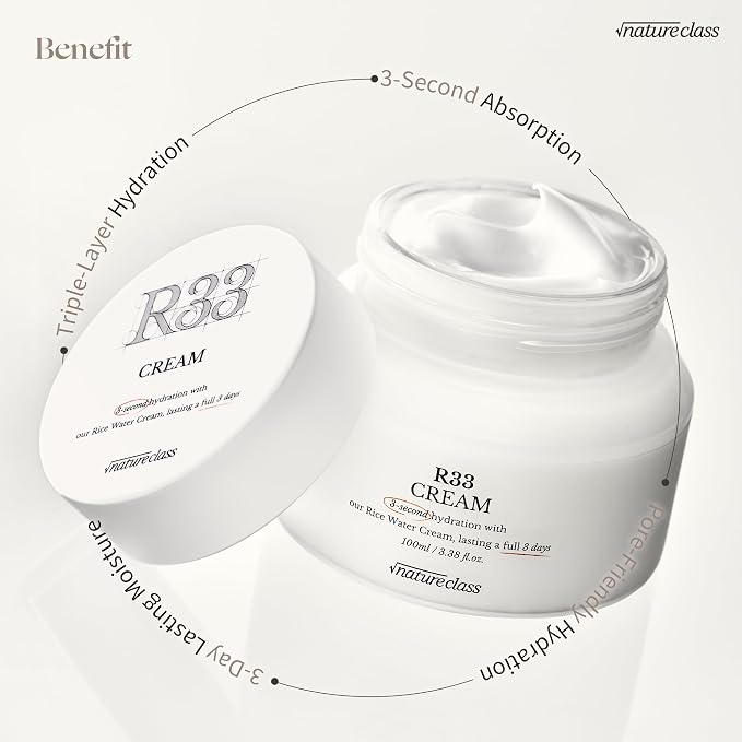 R33 Rice Face Moisturizer Korean Skincare Glass Skin Squalane Niacinamide Hyaluronic Acid Barrier Cream Night Cream Dry Sensitive Skin Fragrance Free 100ml 3.38 fl oz