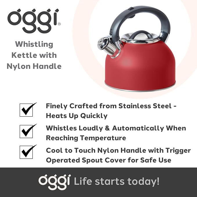 OGGI Tea Kettle for Stove Top - 64oz / 1.9lt, Stainless Steel with Loud Whistle, Ideal Hot Water Kettle and Water Boiler - Brick Red