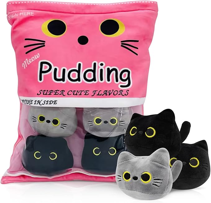 Cute Black Cat Plush Toy, Removable Stuffed Animal Plush Dolls, Soft Cute Gray Cat Plush Pillow Throw Pillow Home Decoration Gift for Kids Girls (6pcs a Bag, Pink)