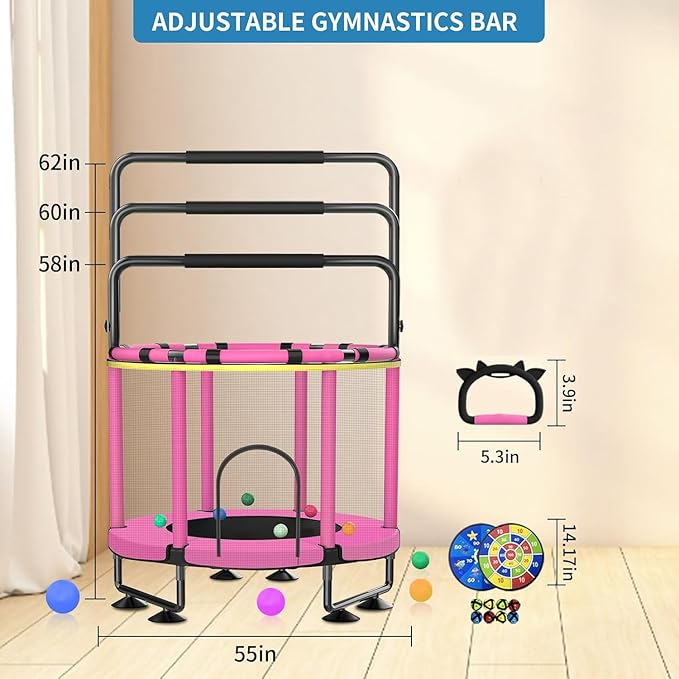 Trampoline for Kids, Upgrade Full Anti-Rust 440lbs Indoor Outdoor Toddler Trampoline with Net, 55" Adjustable Baby Toddler Trampolines Accessories Dart Board