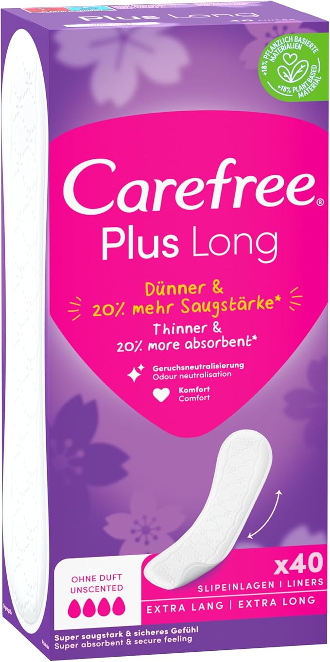 Carefree Plus Long Panty Liners with Ultimate Enhanced Core, Fragrance Free, Four Absorbency, Large, Extra Long, 40 Pack