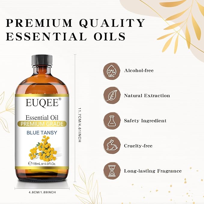 EUQEE Blue Tansy Essential Oil 118mL/4oz Pure Blue Tansy Oil Premium Essential Oil for Diffuser, Soap Making, Skin Care with Glass Dropper