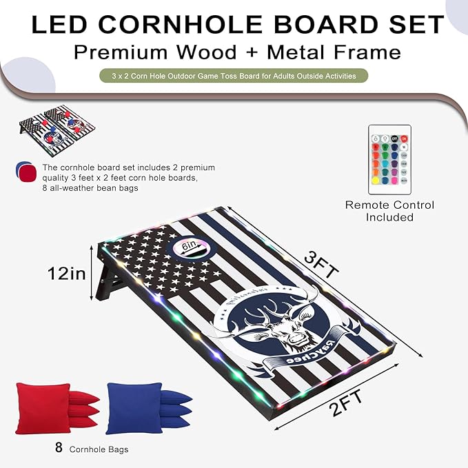 LED Cornhole Set, 3 x 2ft / 4 x2 ft Cornhole Board Game Set, Corn Hole Outdoor Game, Multi-Design with Light-Up Border, 8 Bean Bags, Carrying Case for Backyard, Beach, Lawn