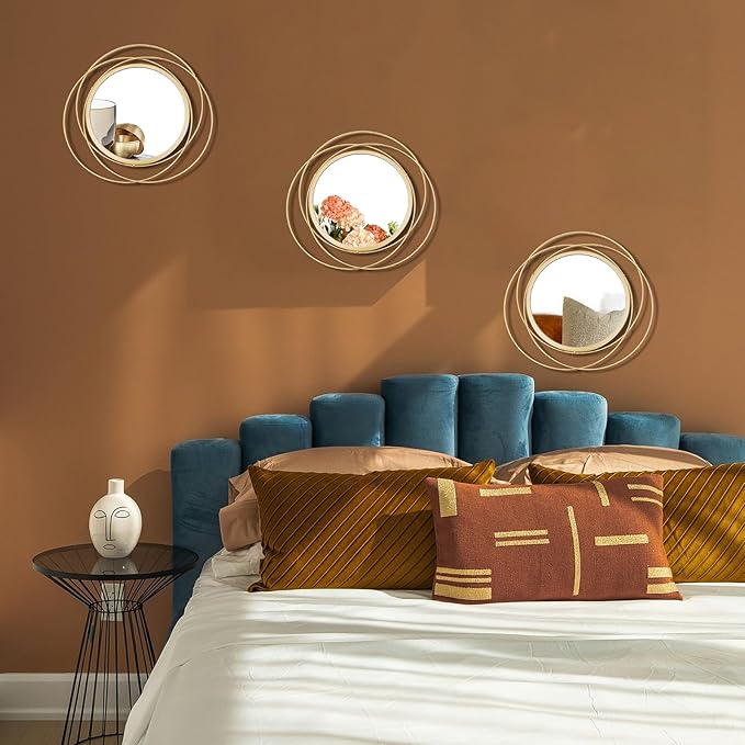 3 Set Round Mirrors for Wall Decor Living Room Bedroom Bathroom Dining Room Metal Circle Mirror Set Boho Decorative Sunburst Wall Art Accent Entryway - Gold 9.5 in