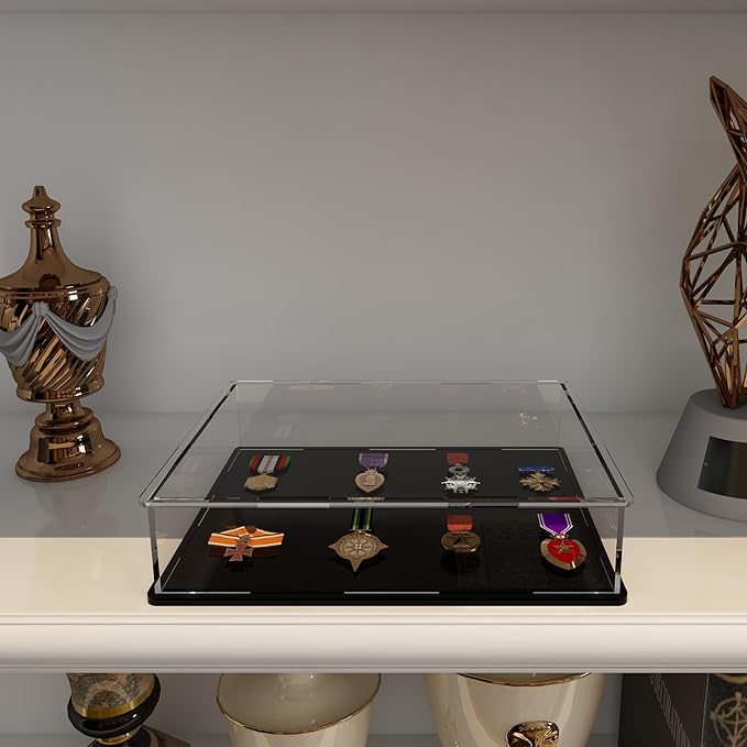 Figure Display Case, Short & Flat Acrylic Case for Collecting Books, Clear Box for Displaying Medals, Stamps, Collectibles and Cards，10.6" L x 8" W x 2.4" H