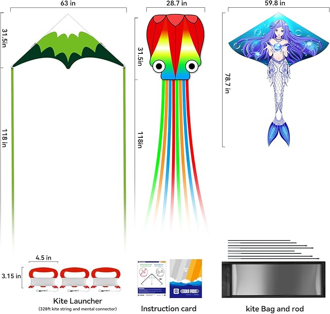 Kites for Adults & Kids Ages 4-8,Beach Kites Easy to Fly for Beginner, with Handle and 328ft Kite String，Best Toy and Gift for Boys & Girls. (Forest+Octopus+Celadon Mermaid, 3)