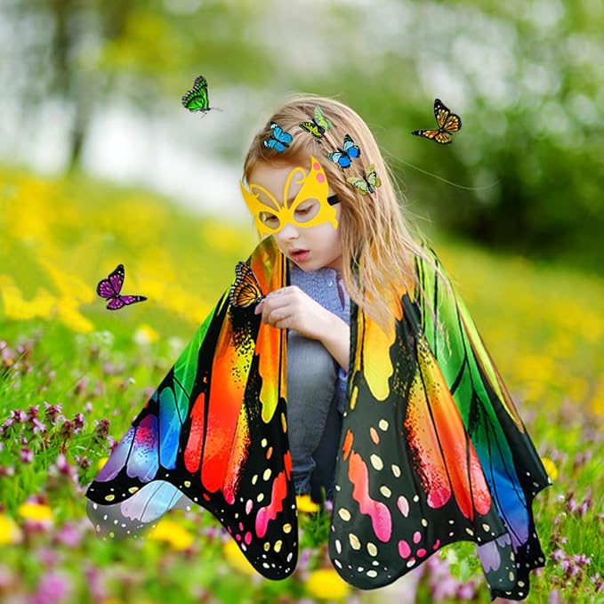 Kids Butterfly Wings Costume for Girls Fairy-Wings Mask Party Favors Gifts (Rainbow sets)