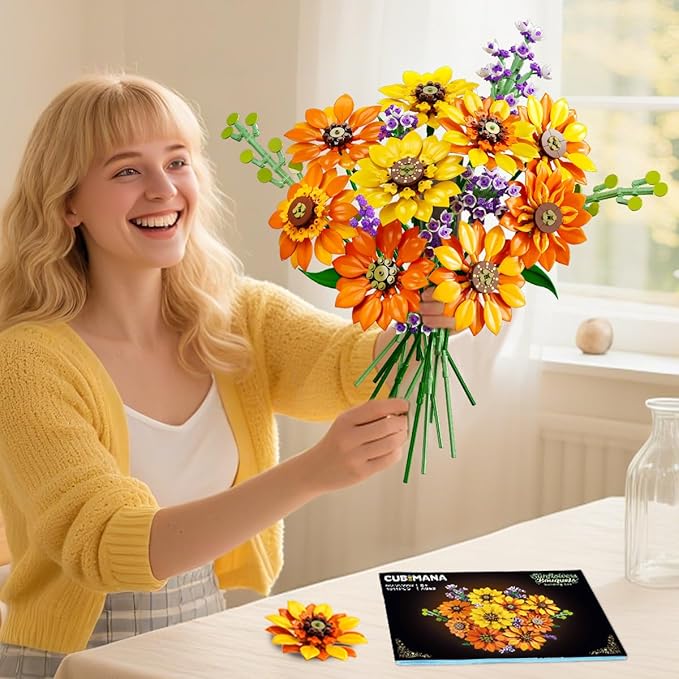 Flowers Sunflower Bouquet Building Set with Lights - 17 Flowers Botanical Collection Artificial Plant Sunflower Building Blocks Art Home Decor Surprise Gifts for Adults Women Girls (1011PCS)