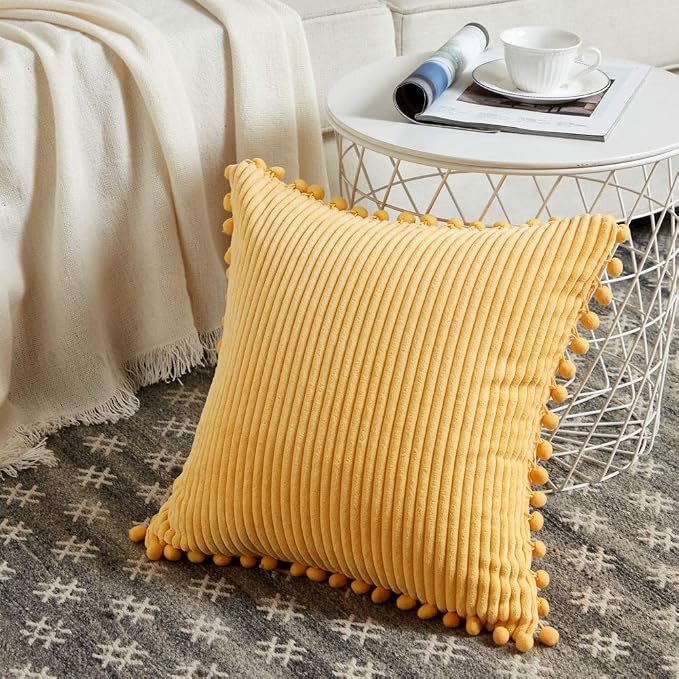 Fancy Homi Pack of 2 Yellow Decorative Throw Pillow Covers 20x20 with Pom-poms, Soft Corduroy Accent Solid Square Cushion Cases Set for Couch Sofa Bedroom Car Living Room (20x20 Inch/50x50 cm, Yellow)