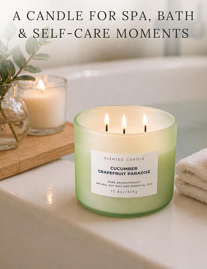 Cucumber Grapefruit Melon 3-Wick Soy Summer Scented Candle for Home 15.8oz | Citrus, Apple & Green Notes, Crisp & Fresh, Clean Burn, Large Scented Candles for Bedroom, Bathroom & Spa, Gift for Women