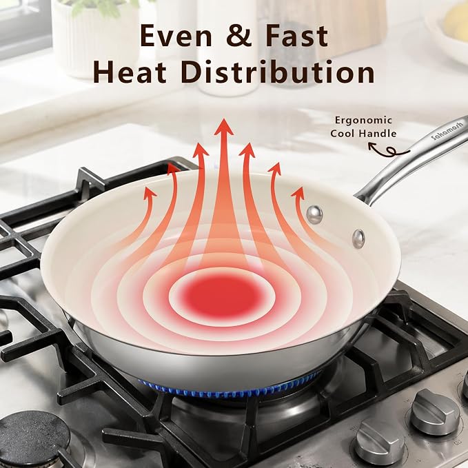 SAKAMOSH 8" Nonstick Ceramic Frying Pan, Tri-Ply Stainless Steel, White | Non Toxic, PFAS PFOA PTFE Free, Stay-Cool Handle, Dishwasher & Oven Safe, Induction Compatible