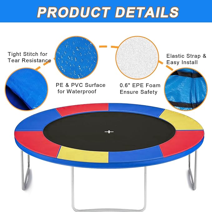 Trampoline Pad Replacement, 12FT 14FT 15FT Trampoline Spring Cover, Thickened EPE Foam Tear-Resistant Waterproof Safety Pad, No Holes for Pole