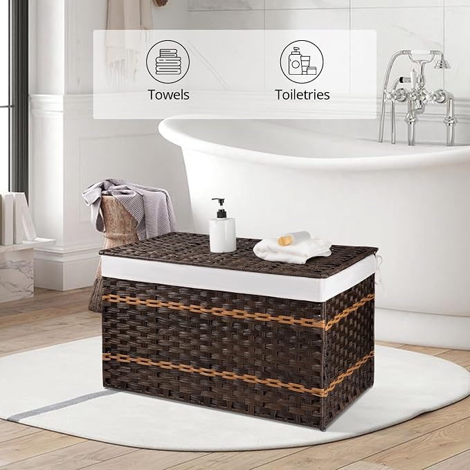 OIAHOMY Storage Basket with Lid, 42.3 Gallon (160L) Blanket Basket with Removable Liner Bag, Synthetic Wicker Hamper with Handle, Hamper for Living Room, Brown