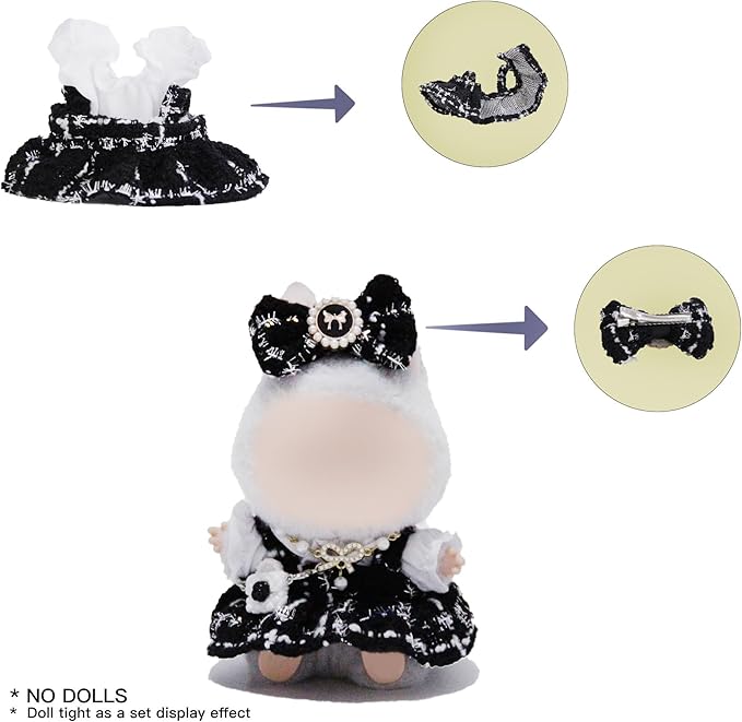 17cm Doll Clothes Set and Accessories Suit,(NO Doll) 5-Piece Set, Clothes for labubu, Festival Gift, Includes Dress, White Clothes，Matching Hair Bow, Necklace, Bags(Black)