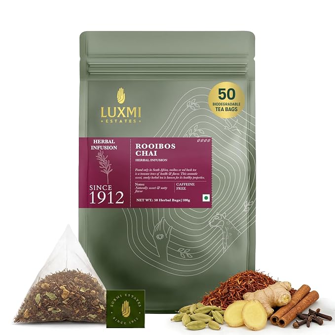 Luxmi Estates Rooibos Chai Herbal Tea, 50 Biodegradable Tea Bags (100g, 3.53oz, 50 Cups) | South African Rooibos with Indian Chai Spices - Cardamom, Cinnamon, Ginger & Cloves | Chai Bulk Pack, Caffeine Free, Vegan