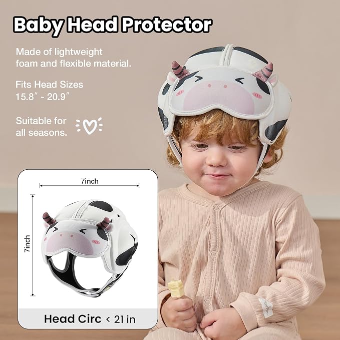 Baby Head Protector Baby Helmet for Crawling and Walking - No Bumps and Soft Safety Peak - Ultra Light and Adjustable Baby Head Protector Suitable for Babies 6-24 Months-Milky Cow