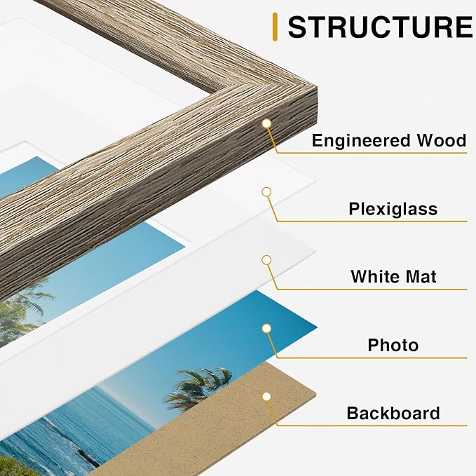 Vittanly 5x7 Picture Frames Set of 9 for Wall Mount & Tabletop, Light Wood | Display Pictures 4x6 with Mat or 5x7 without Mat, Small Photo Frames, Engineered Wood with Shatter Resistant Plexiglass
