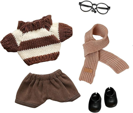 5 Pcs-17cm Doll Rabbit Bunny Clothes Autumn Spring Sweater ,Winter Warm Sweater+Overalls+Scarf+Hand Bag+Shoes,Fashionable Outfit for Dress up, Doll Costume Cosplay Fashion Dresses -Brown
