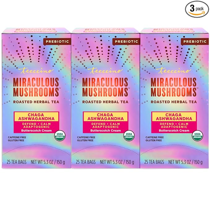 Teeccino Chaga Ashwagandha Tea - Butterscotch Cream - 25 Tea Bags - Organic Mushroom Adaptogenic Herbal Tea, 3x More Herbs than Regular TeaBags, Prebiotic, Caffeine Free, Gluten Free - (Pack of 3)