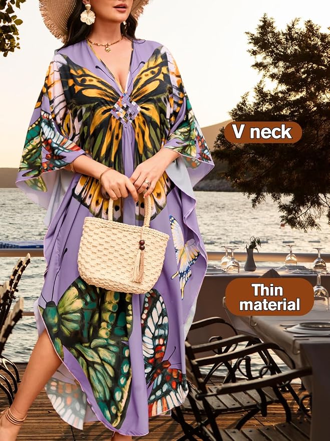 ChiaoLezhee Print Moo-Moos for Women, Kaftan Cover-Up Dresses, Sexy V-Neck High-Slit, Beach Pool-Party Coverups Muumuu Plus