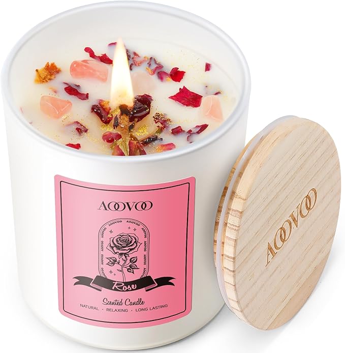 AOOVOO Rose Scented Candles for Women - Aromatherapy Candle with Crystals Inside, 10oz Soy Candles for Home Scented, Birthday Gifts Mothers Day Candle for Mom Women