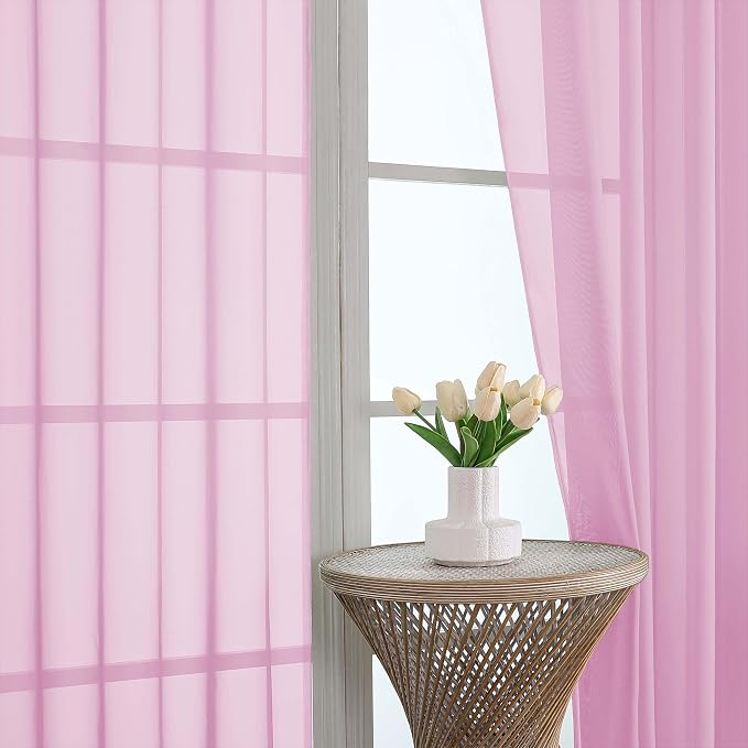 OWENIE Sheer Pink Curtains, Sheer Curtains 63 inch Length 2 Panels Set, Rod Pocket Voile Fimly Sheer Drapes for Living Room Bedroom, 2pcs, Pink, Each 59" W x 63" L