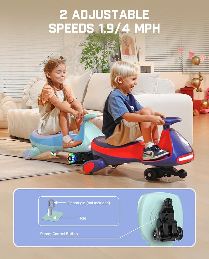 FanttikRide N7 Pro Electric Wiggle Car, Rechargeable Battery, CyberWiggle, 2 in 1 Swing Car, 2 Speeds Max 4 Mph, Anti-Rollover, Flashing Wheels, Bluetooth, for Ages 3 and Up, 150 Lbs, Glacier Blue