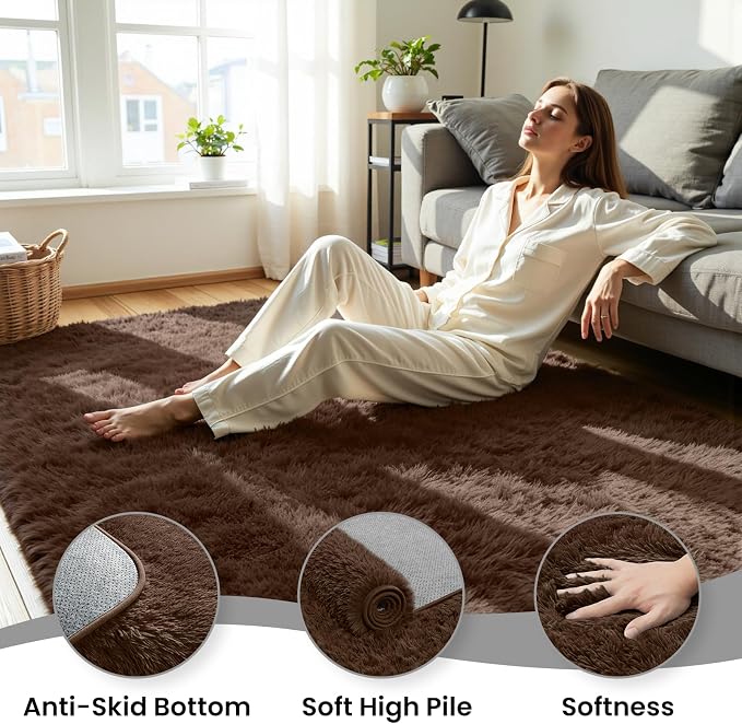 8x10 Area Rug for Living Room, Ultra Soft Fluffy Brown Rugs for Bedroom, Non Slip Large Shag Carpet, Fuzzy Plush Nursery Rug, Thick Washable Indoor Floor Carpets for Kids Office Dorm Home Decor