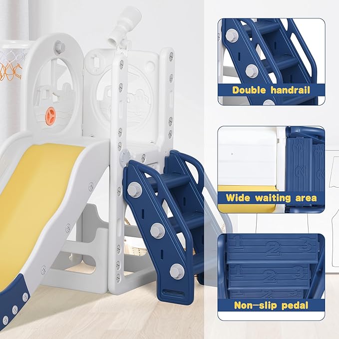6 in 1 Toddler Playset Toddler Slide and Climber Playset, L-Shaped Kids Slide with Basketball Hoop, Telescope & Storage, Sturdy Indoor Outdoor Playground, for Boys Girls 1-3+
