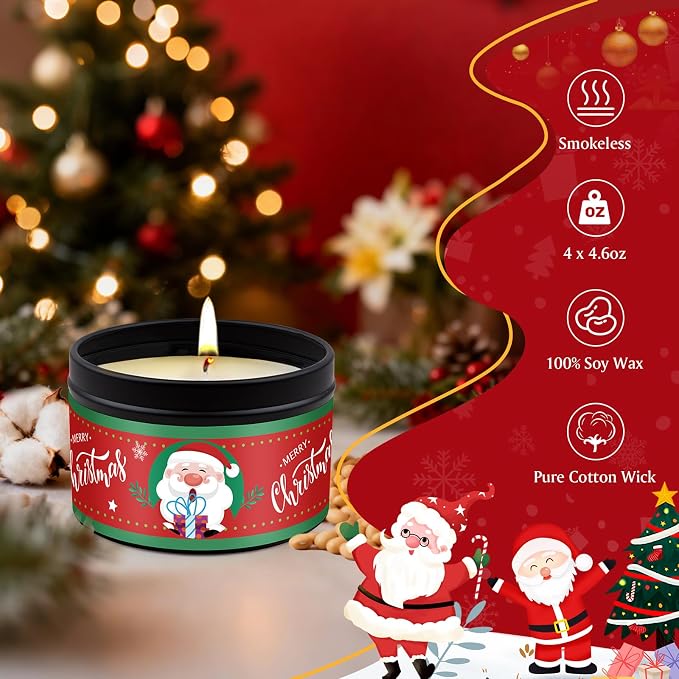 Christmas Candles - 4 x 4.6oz Scented Candles Gifts for Women Set, Natural Holiday Candle for Home Scented, Long Burning Aromatherapy Candle Gifts for Party Favors, Stocking Stuffers